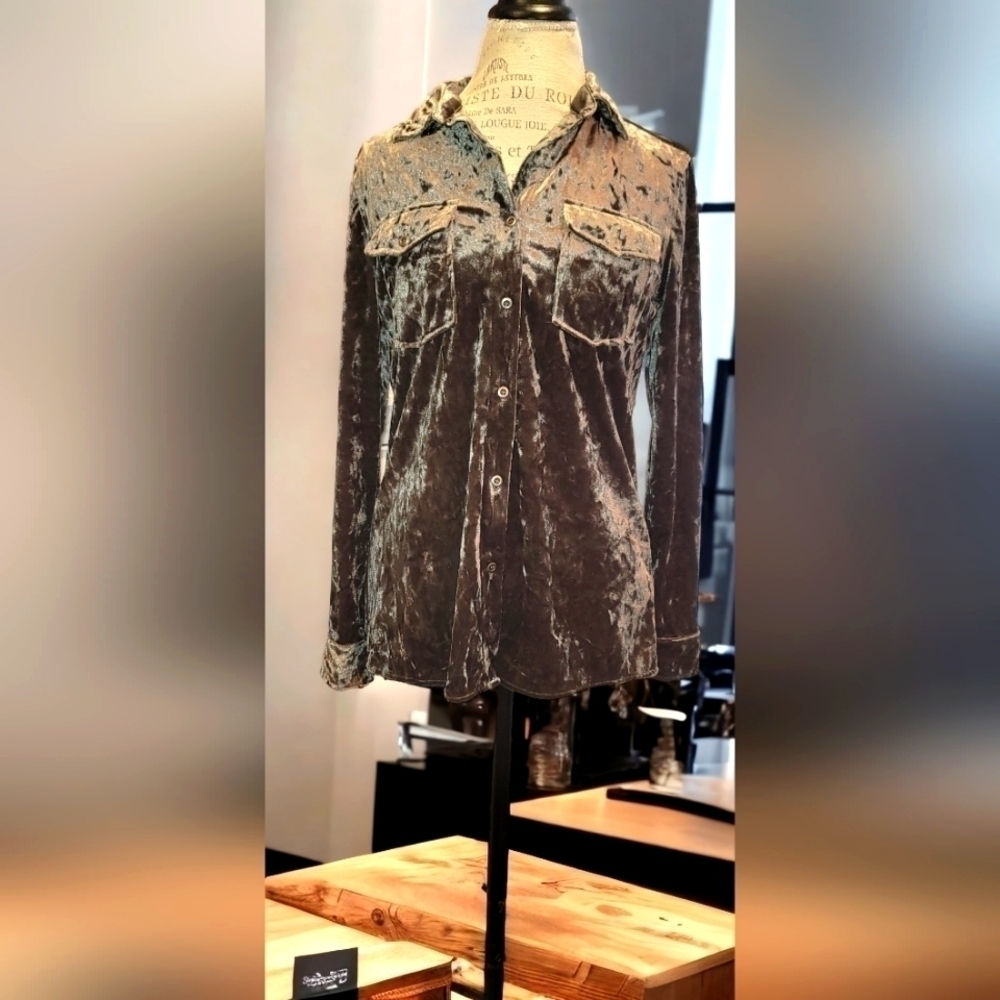 Crushed Velvet Long Sleeve Button-down with Lace up Tie in Back